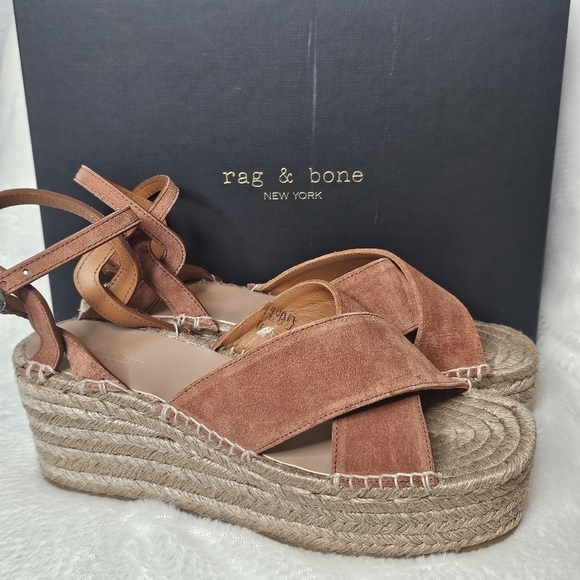 Rag & Bone Henna Brown Suede‎ Hera Wedge Espadrille Sandal Size 8.5 (EU 39)